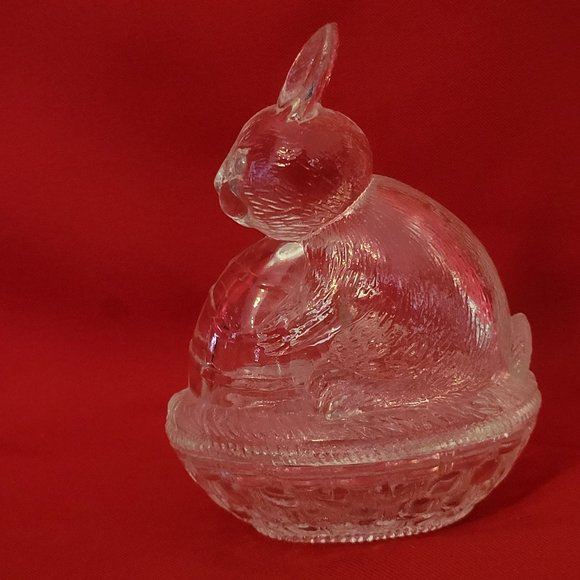 VTG Clear Glass Bunny Rabbit Nut on Nest Covered Trinket Oval Candy Dish Peach T - Picture 6 of 11